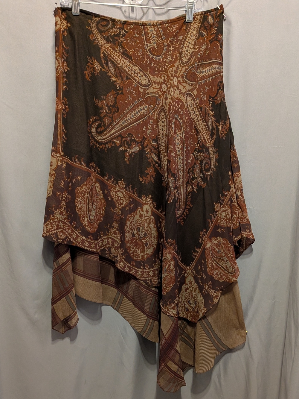 Lauren Ralph Lauren Brown Paisley & Plaid 2 Layer SILK Asymmetrical Skirt Medium